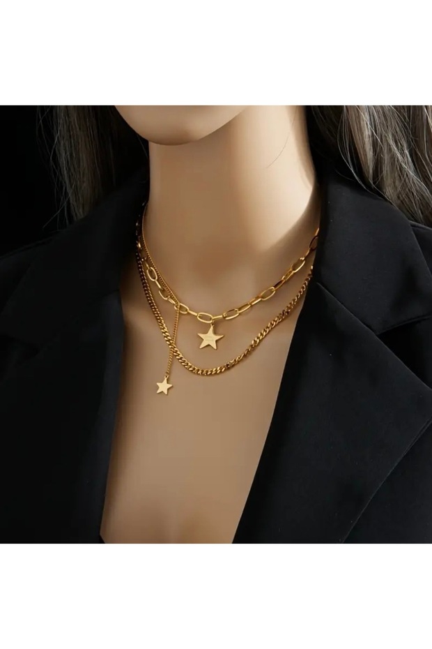 Multi-Layered Gold-Tone Stainless Steel Necklace Minimalist Necklace with Star Pendant