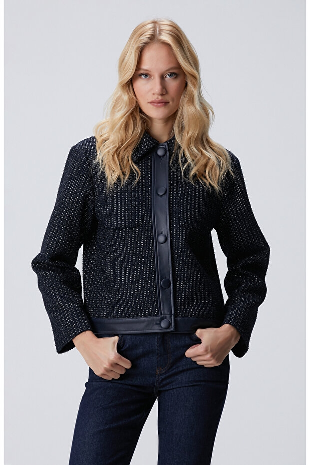 Lacivert Kısa Tweed Ceket - 4