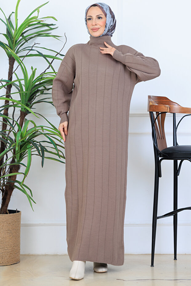 Fitilli Triko Elbise N7085 Vizon - 2