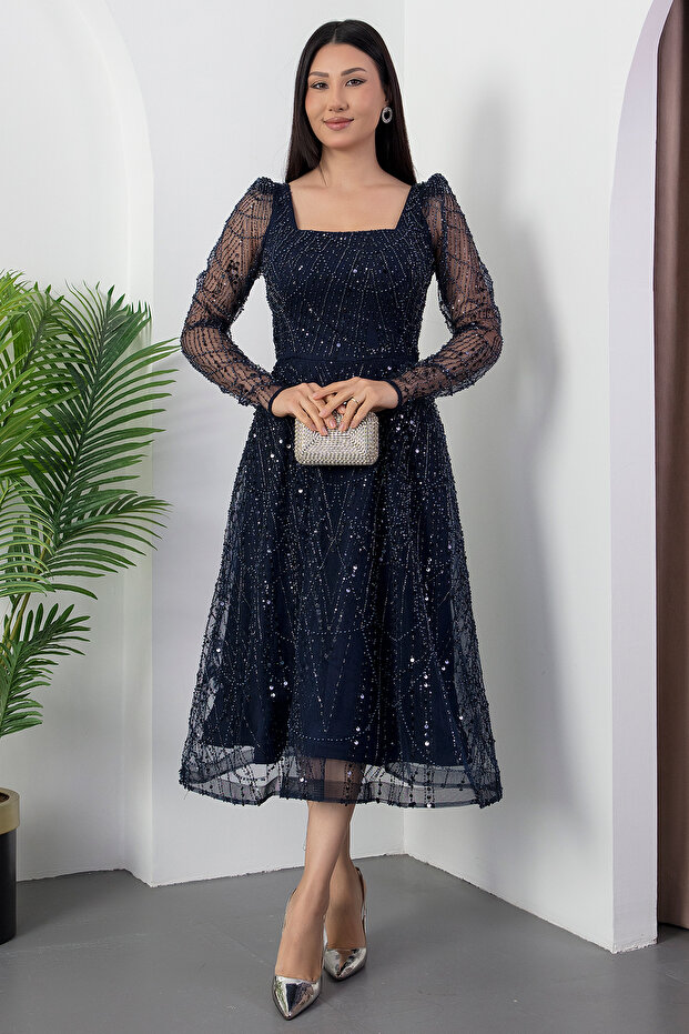 Square Neck Long Sleeve Beaded Tulle Dress 41112