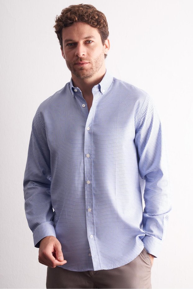Blue Buttoned Collar Checkered Pattern Long Sleeve Slim Fit 100% Cotton Shirt 1004255186