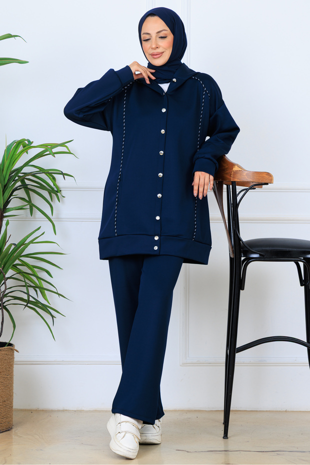 Hooded Button Scuba Suit N5393 Navy Blue