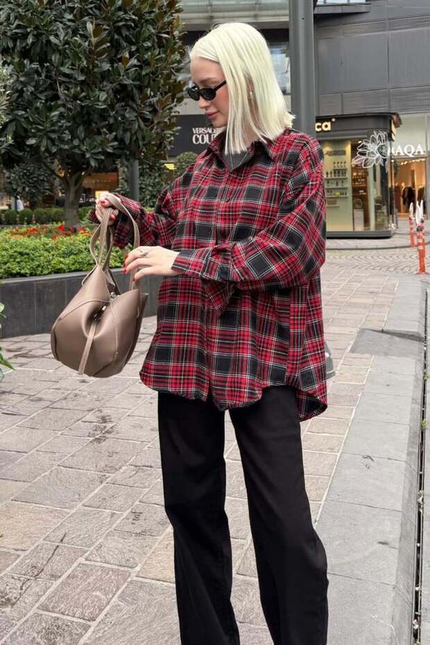 Red Oversized Plaid Patterned Women's Shirt MG2589
