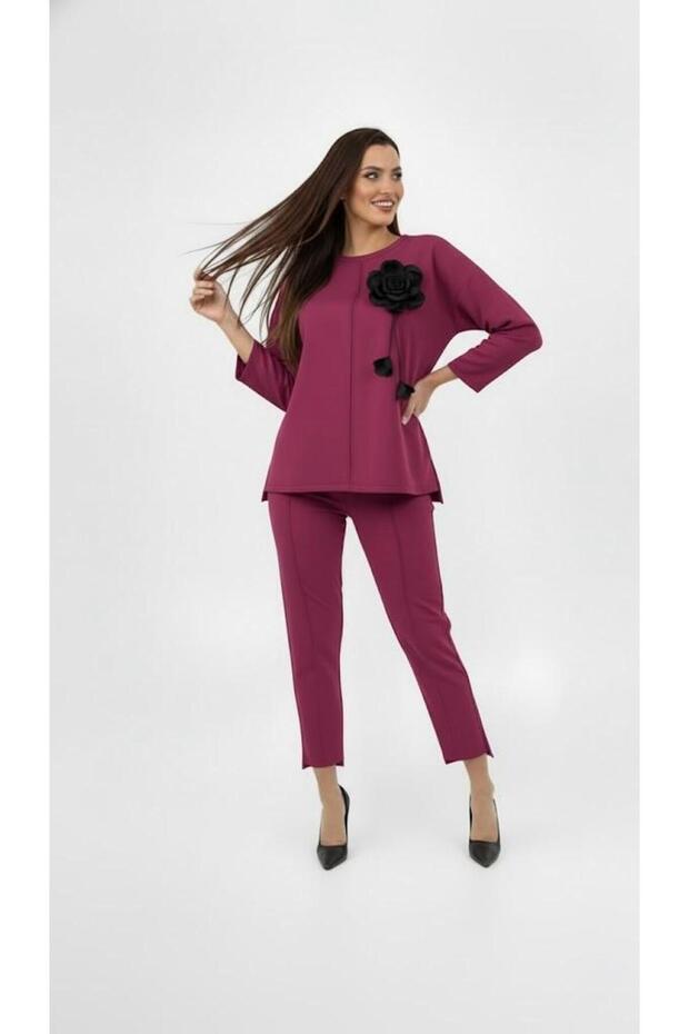 Women's Plus Size Three Quarter Sleeve Rose Detailed Two Thread Tracksuit Set 8223-26
