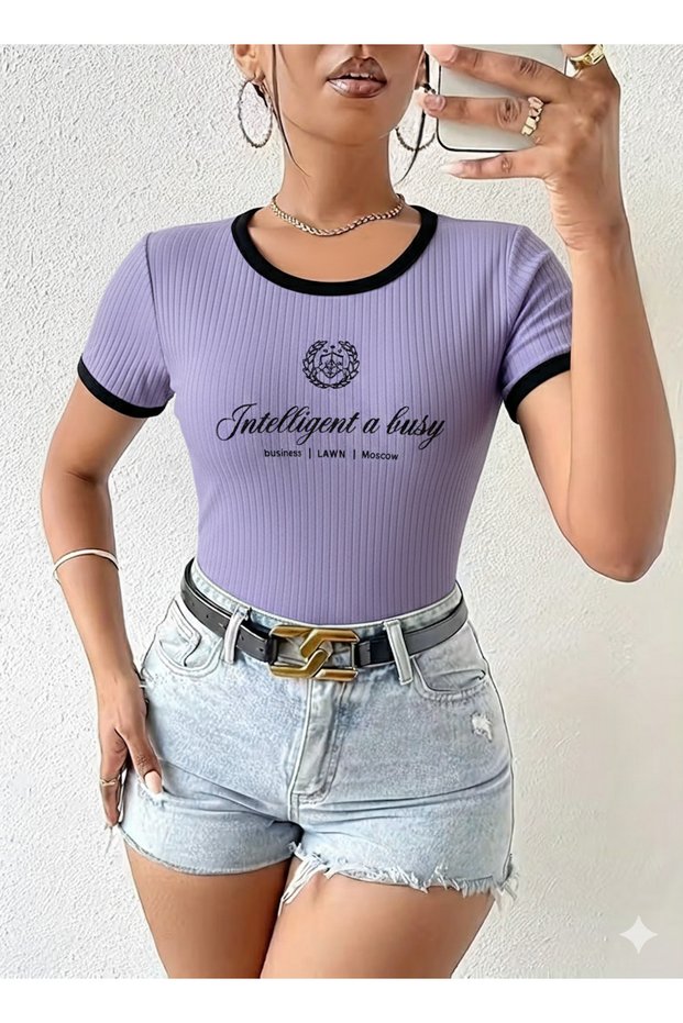 Women's Lilac Color Crew Neck Basic Slim Fit Short Sleeve Body Full Stretch Fabric Full Fit Length 55 cm