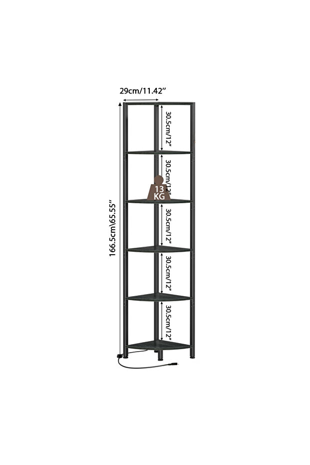 6-Tier 166cm Corner Shelf with LED Lights, Tall Narrow Storage Rack for Living Room & Bedroom