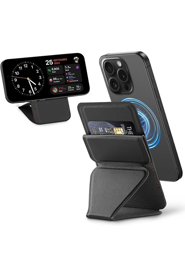 Mag-Safe Leather Magnetic 2-Card Wallet Stand for iPhone & Android (Black)