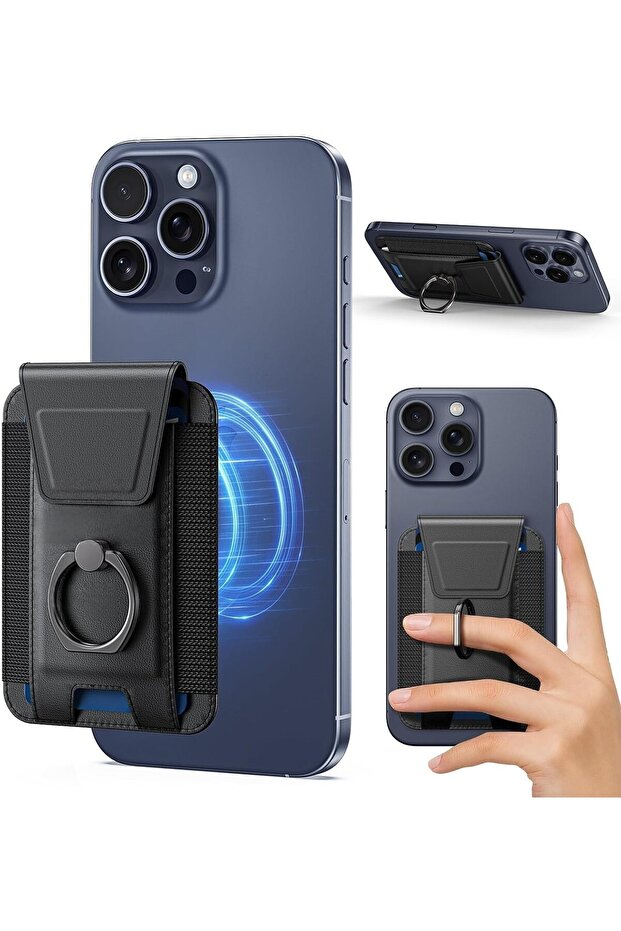 Wallet Case for iPhone 12-16 Series (Magnetic Card Holder, 6 Slots, 360° Grip) - Black