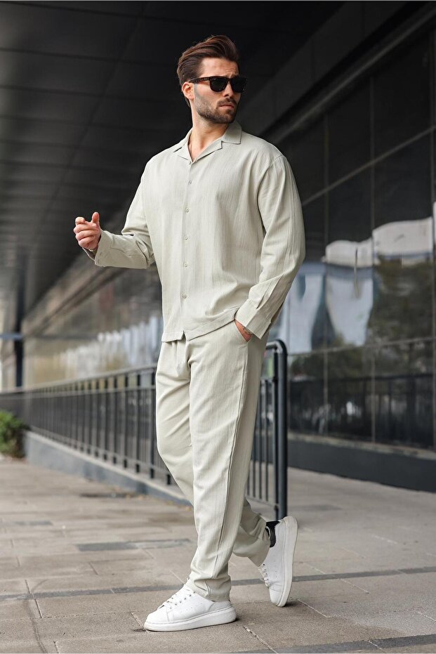 طقم بنطلون وقميص رجالي أساسي بأزرار باللون الرمادي المطلي E7335 - 3