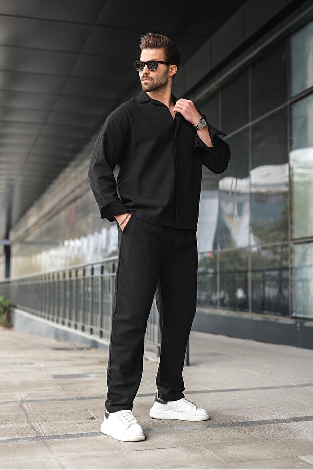 طقم قميص وبنطلون أساسي للرجال بأزرار سوداء E7335 - 4