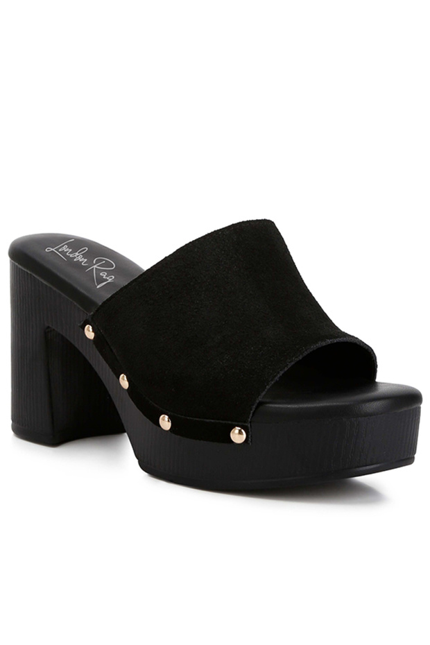 Women Suede High Block Heel Clogs in Black