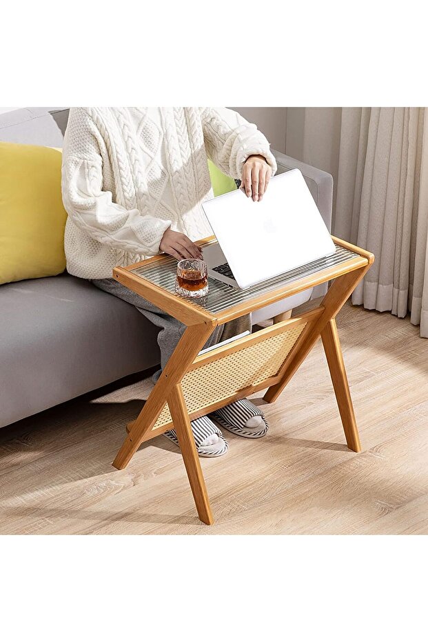 OneDcor Boho Rattan Nightstand - Bamboo Side Table with Glass Top