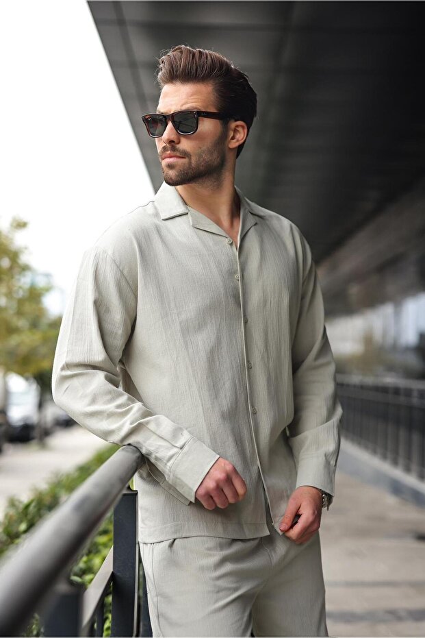 طقم بنطلون وقميص رجالي أساسي بأزرار باللون الرمادي المطلي E7335 - 4