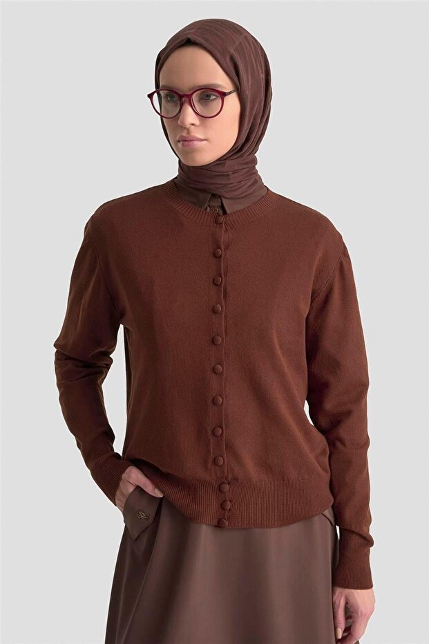 Button Detailed Basic Cardigan 25Kd7012 Brown - 3