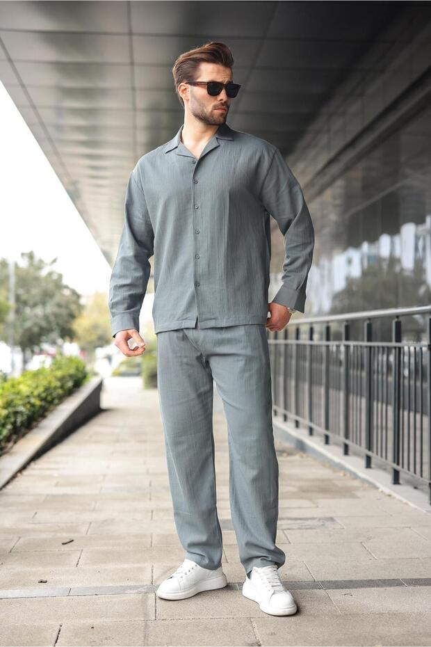 طقم قميص وبنطلون رجالي أساسي بأزرار مدخنة E7335 - 4