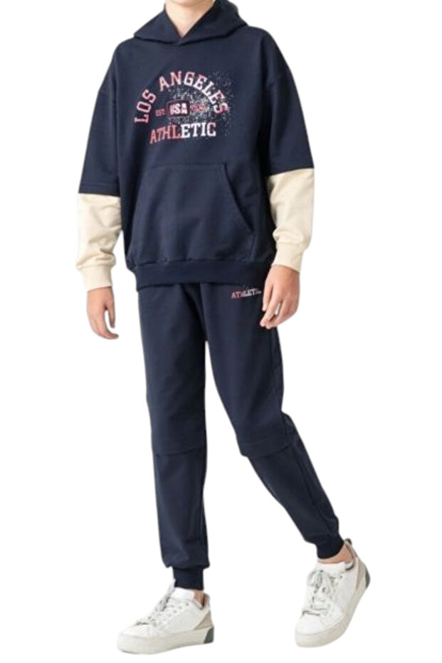 Boy's Athletic Written Hooded Kangaroo Pocket Navy Blue Color Tracksuit Set