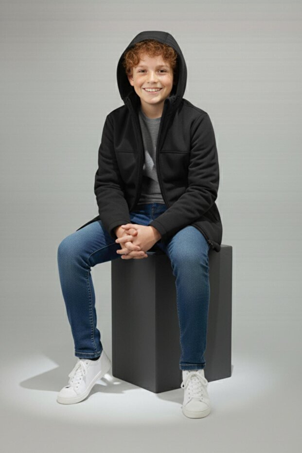Boy's Hooded Zippered Mock Neck Water and Windproof Softshell Coat
