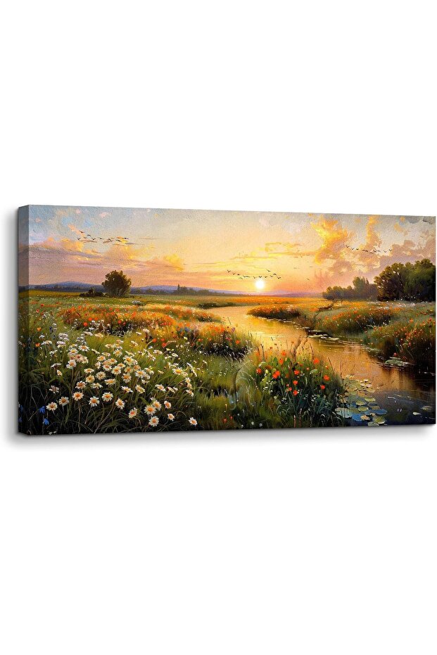 Sunset Landscape Framed Canvas Wall Art (50x100 cm) – Meadow Wildflowers Marshland