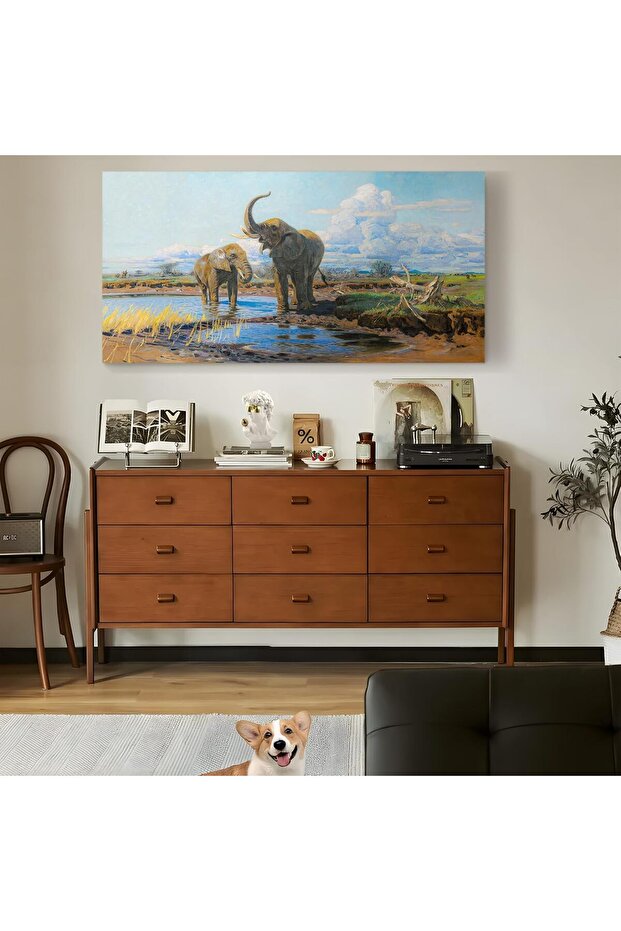Elephant Herd Framed Canvas Wall Art (50x100 cm) – Grassland Retro Animal Landscape
