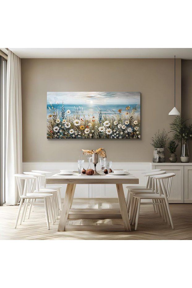 Flowers River Countryside Framed Canvas Wall Art (50x100 cm) – Scenic Floral Painting