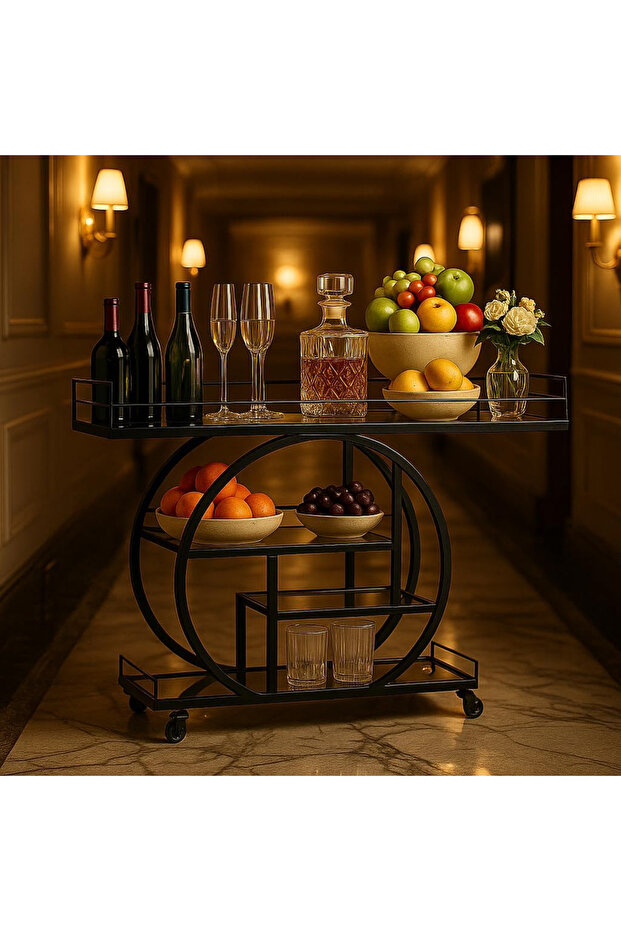 FFD Clear Glass Serving Cart - 3-Tier Rolling Bar Cart (Black, 120CM)