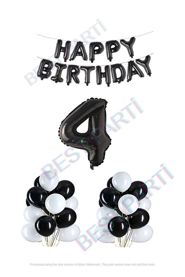 İstoç Happy Birthday Black Color Foil Balloon Number Set Age 4