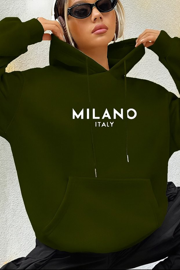 Unisex Hooded Sweatshirt'Milano Italy' Printed Oversized 3 Thread Ş Fleece-Lined Fabric