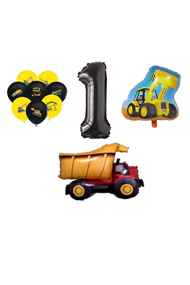Construction Themed Birthday Truck Bucket Shaped Balloon Set Age 1
