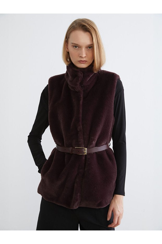Peak New Season Mock Neck Women's Fur Vest with Belt at the Waist