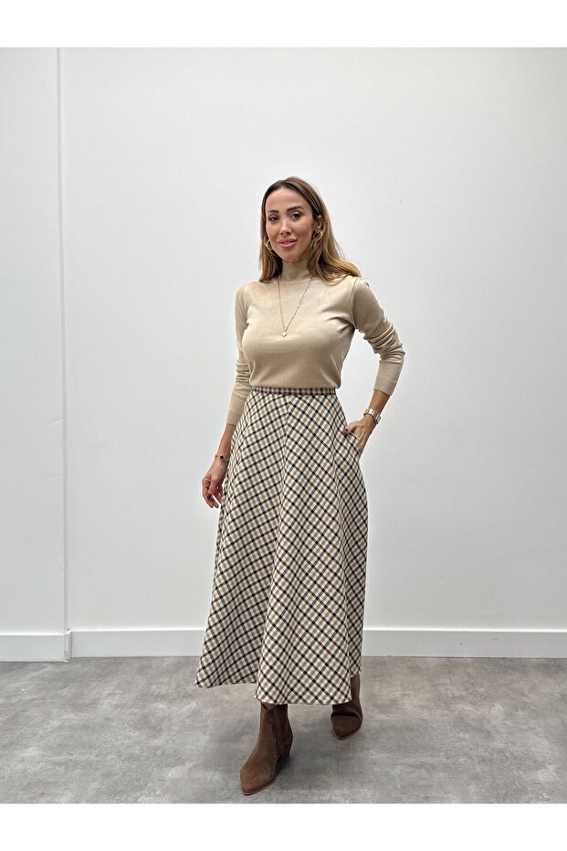 Kareli Katlı Premium Etek - 1