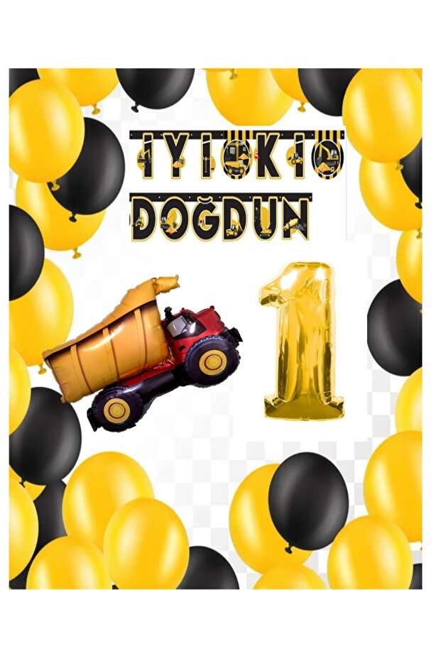 İstoç Construction Themed Birthday Banner Truck Balloon Set Gold Age 1
