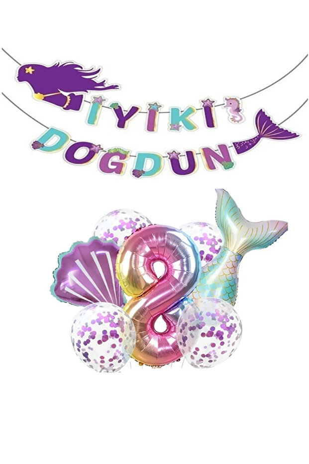 İstoç Mermaid Happy Birthday Foil Balloon Birthday Set Age 8