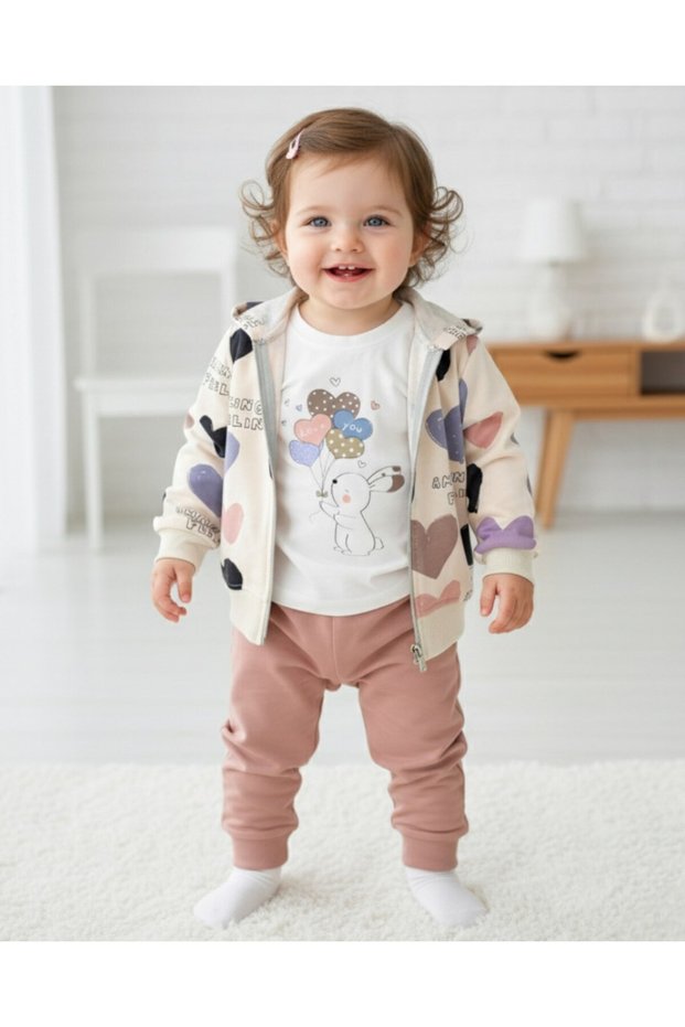 Heart Patterned Hooded Cardigan Baby Girl Tracksuit Set 3-Piece Set 6-9-12-18-24 Months L 100% Cotton