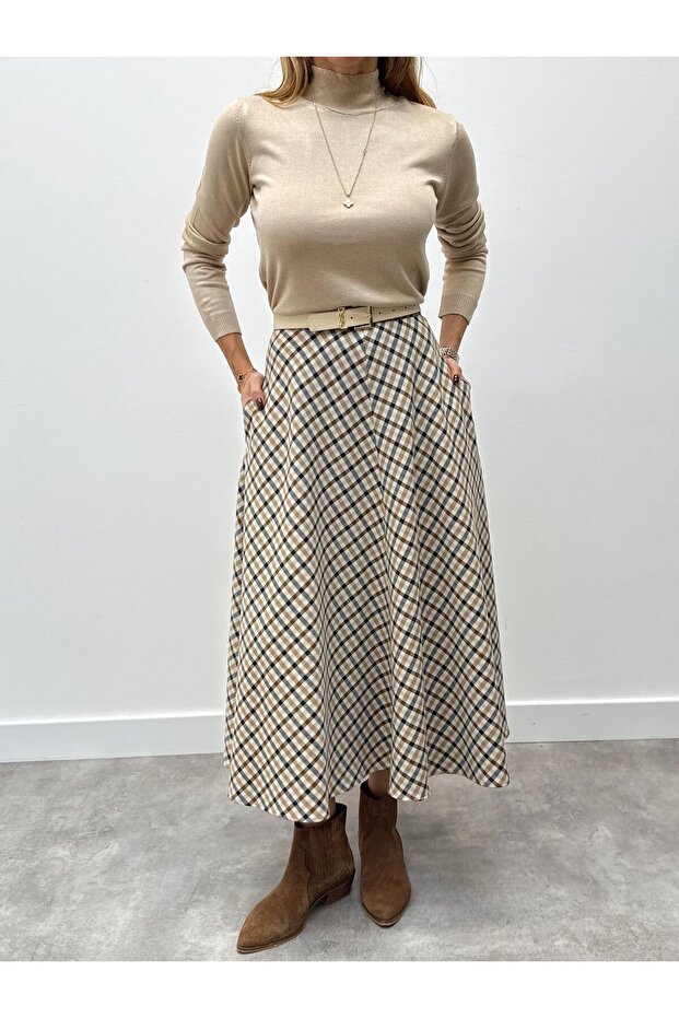 Kareli Katlı Premium Etek - 4