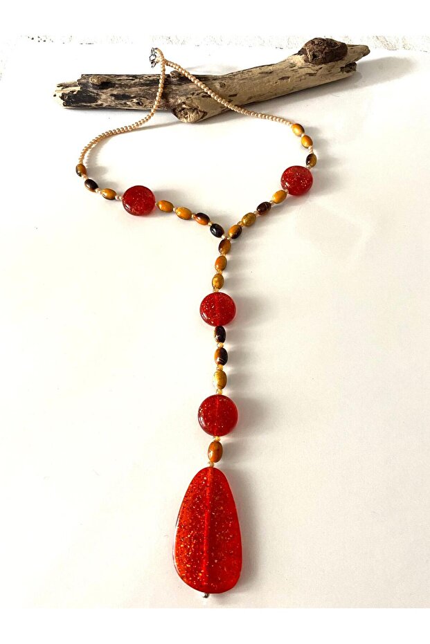 Bohem Silvery Red, Dark Brown Oval and Sand Beads Special Style Necklace