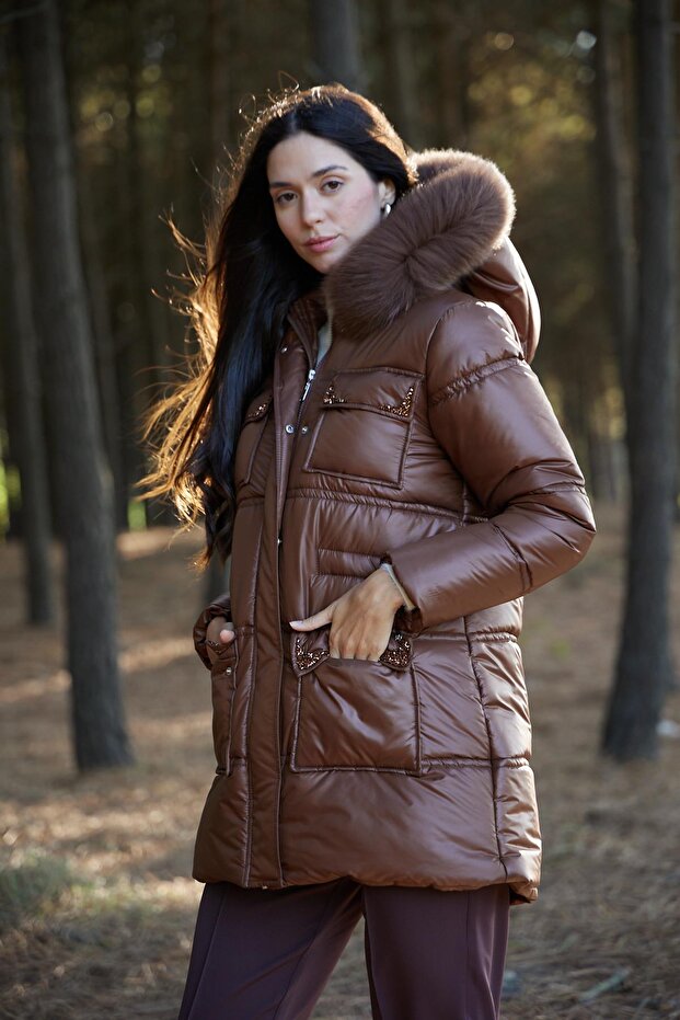 TAŞ İŞLEMELİ KÜRKLÜ ŞİŞME MONT - 5