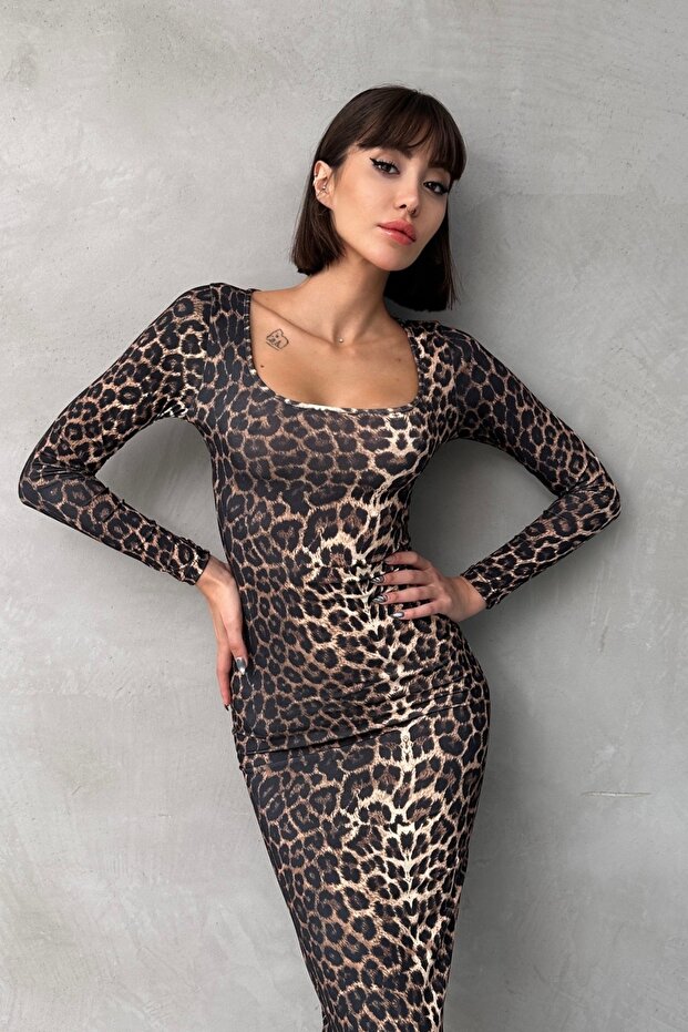 Square Neck Leopard Print Long Sleeve Bodycon Midi Pencil Dress