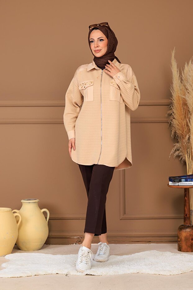 TAŞ DETAYLI FERMUARLI KAPİTONE GÖMLEK - 1