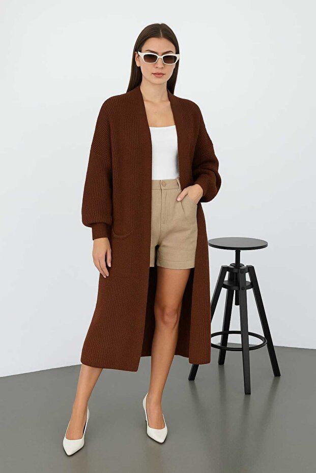 Women's Brown Pocket Long Knitwear Cardigan