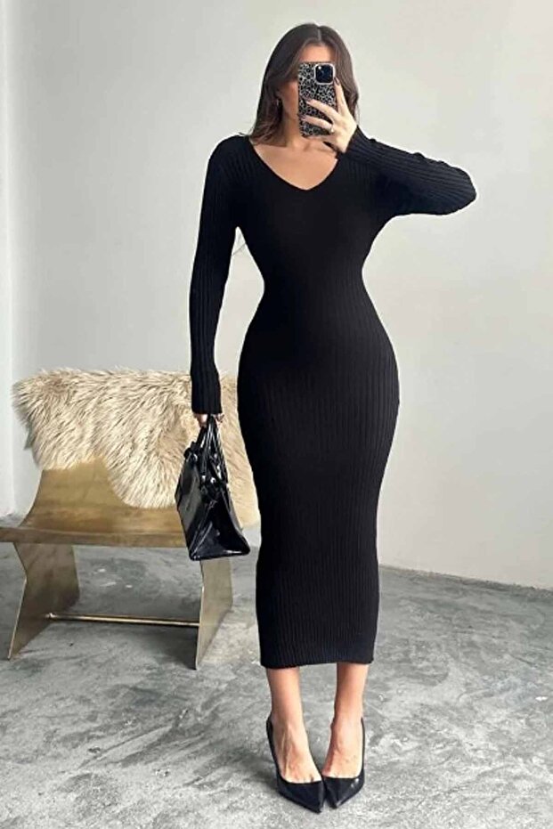 Kadın Triko Fitilli Elbise SIYAH - 4