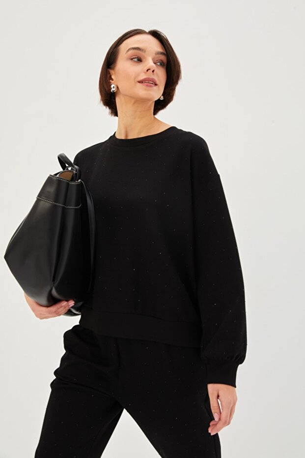 Taşlı Bisiklet Yaka Siyah Örme Sweatshirt - 5