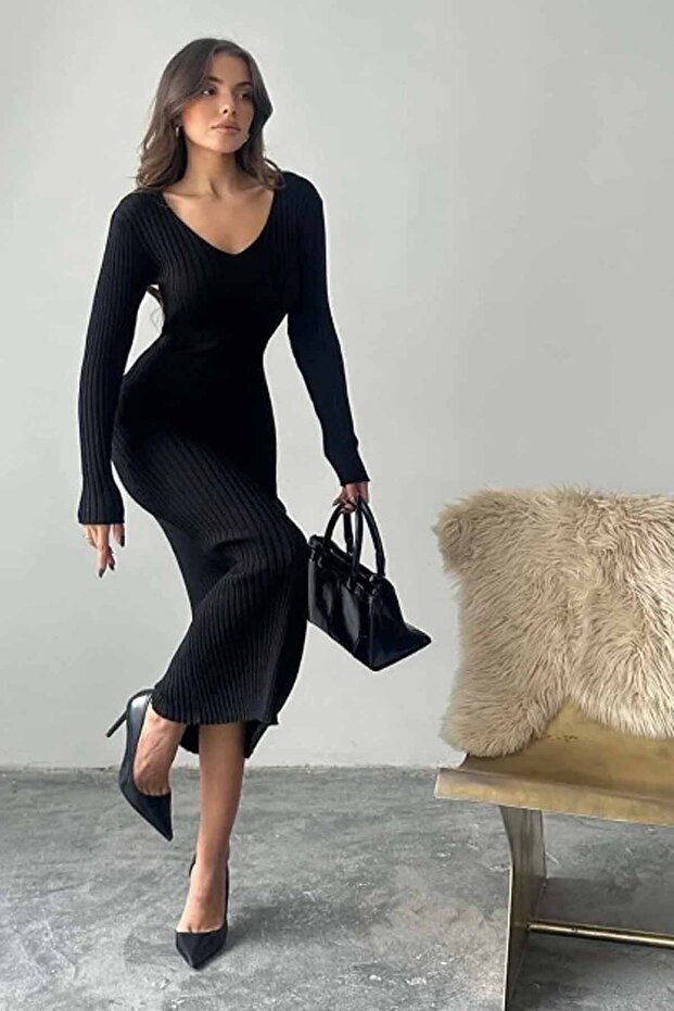 Kadın Triko Fitilli Elbise SIYAH - 2