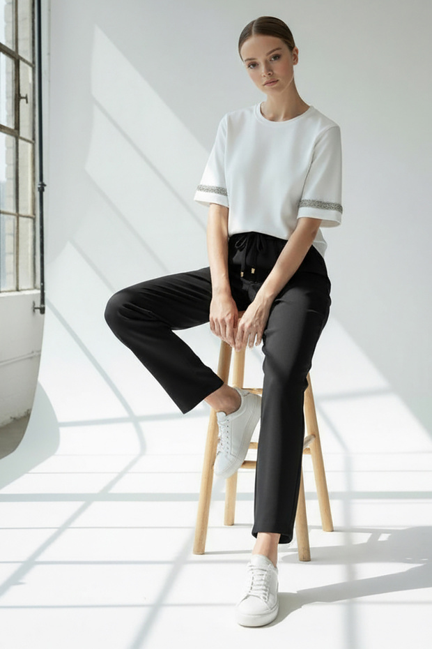 Bisiklet Yaka Taş İşlemeli Regular Örme Tişört - 4