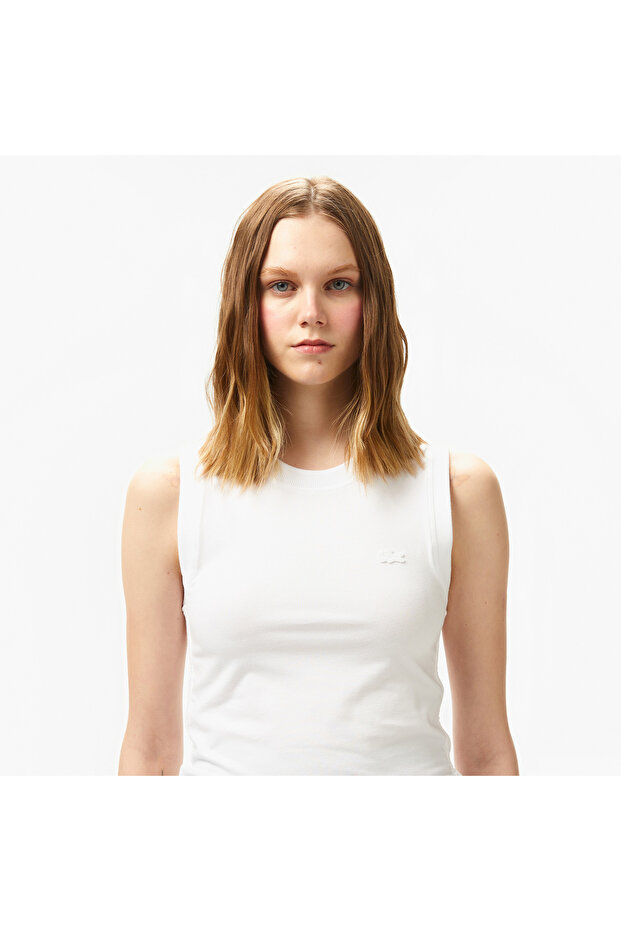 Kadın Slim Fit Kolsuz Bisiklet Yaka Beyaz T-Shirt - 2