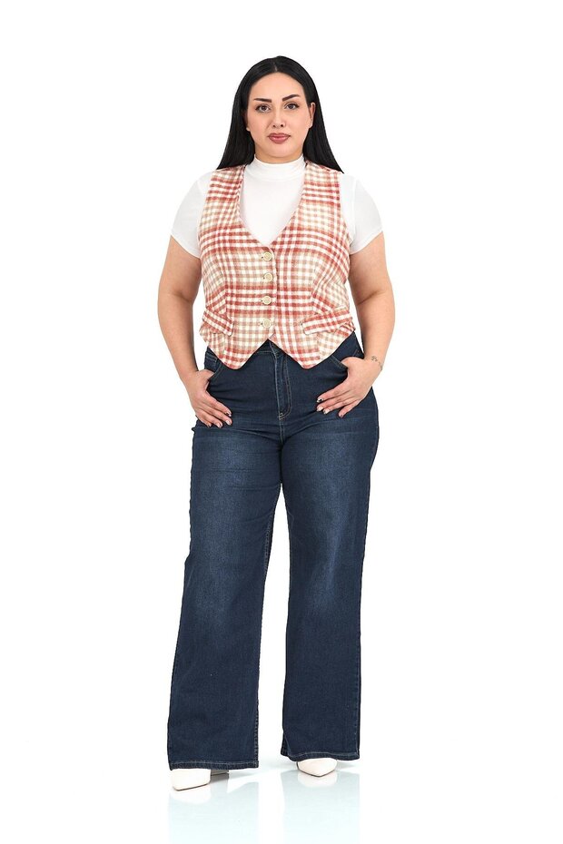 Plus Size Button Closure Pocket Flap Lined Short Checkered Tile Vest