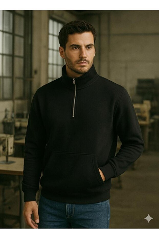 Half Zipper Unisex Basic Relax 3 Thread Sweatshirt with Shardon Finish