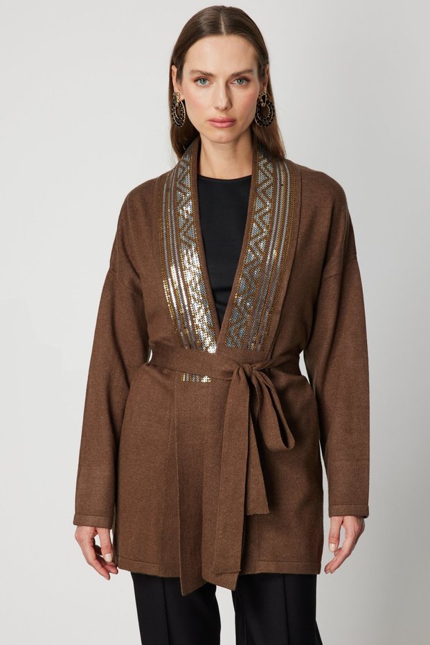 Embroidered Waist Belted Knit Cardigan