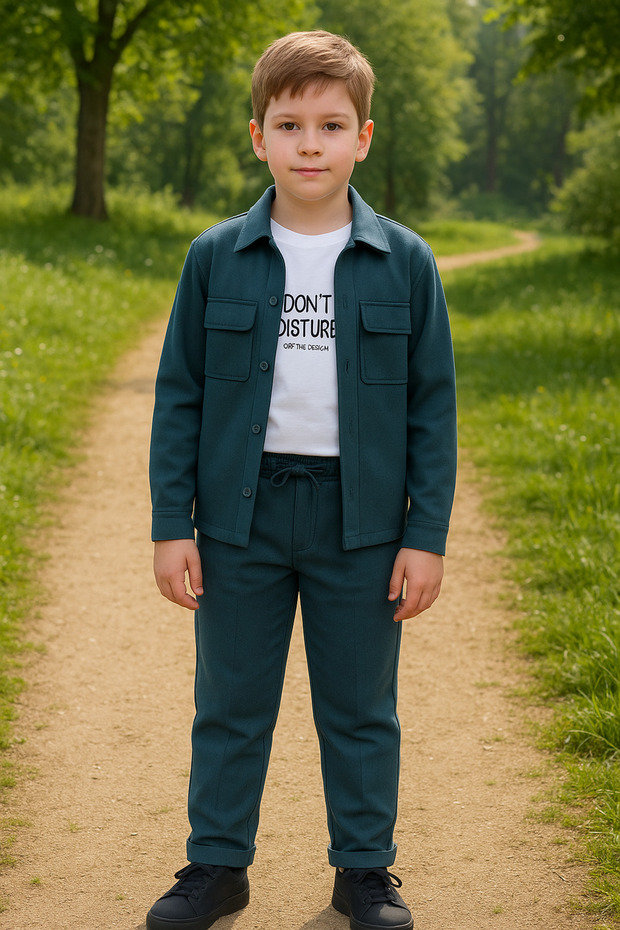 770-11-25 Boy's Pocket Shirt Jacket and “Don'T Disturb” Printed T-Shirt Set
