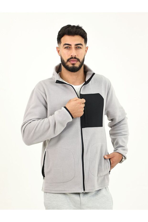 Gray Fleece Jacket with 3 Pockets and Full Zipper Front Detail