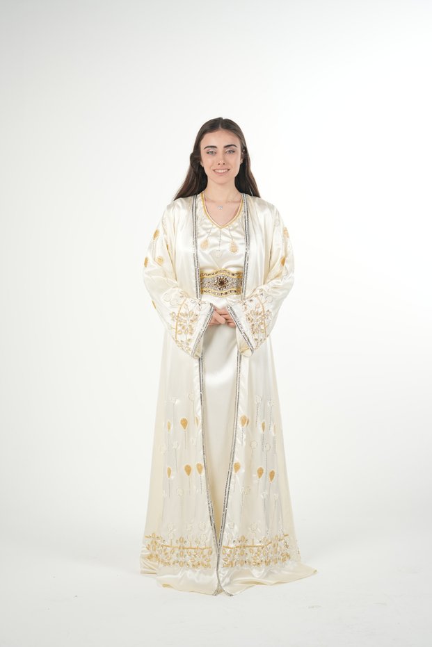 Moroccan embroidered satin kaftan dress with a waist belt
